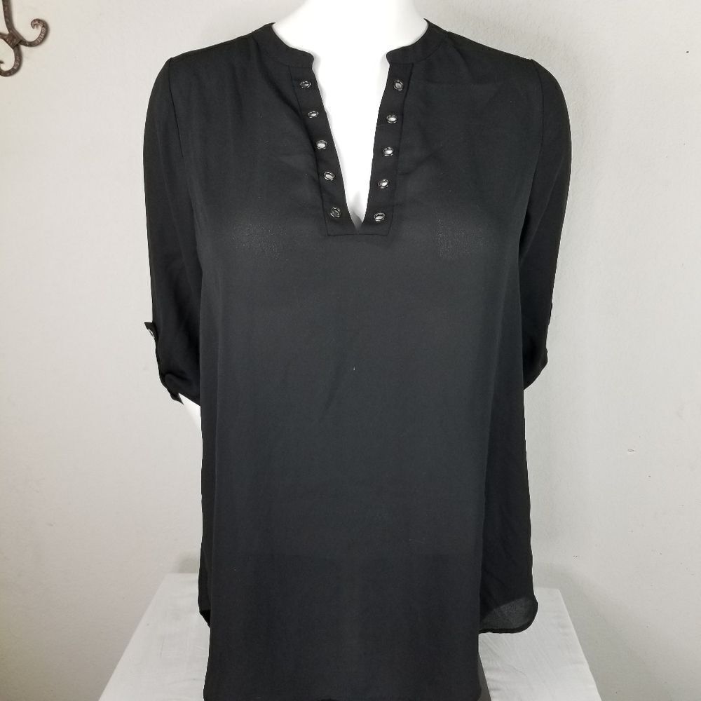 Decree Basic Black Roll-Tab Sleeve Sheer Blouse